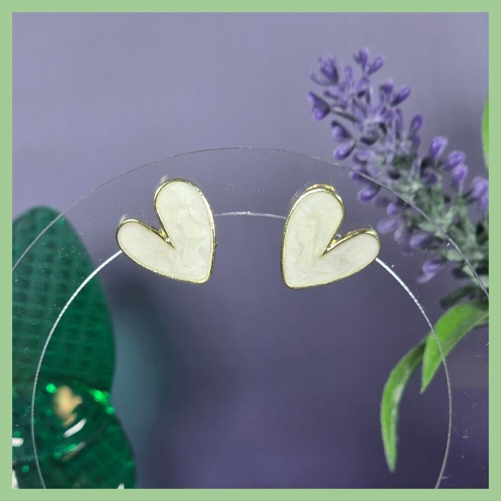 Heart-Shaped‎ Golden Stud Earrings With White Enamel Accents (NWOT)